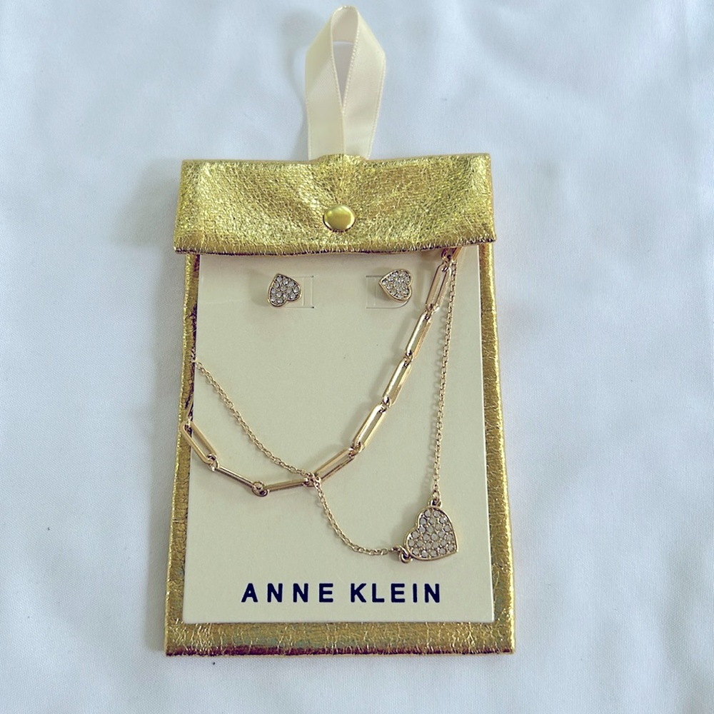 Anne Klein Dainty Rhinestone Heart Earring and Layering Necklace Set NWT